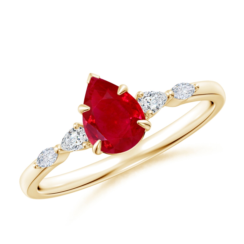 7x5mm AAA Pear-Shaped Ruby Side Stone Engagement Ring in Yellow Gold 