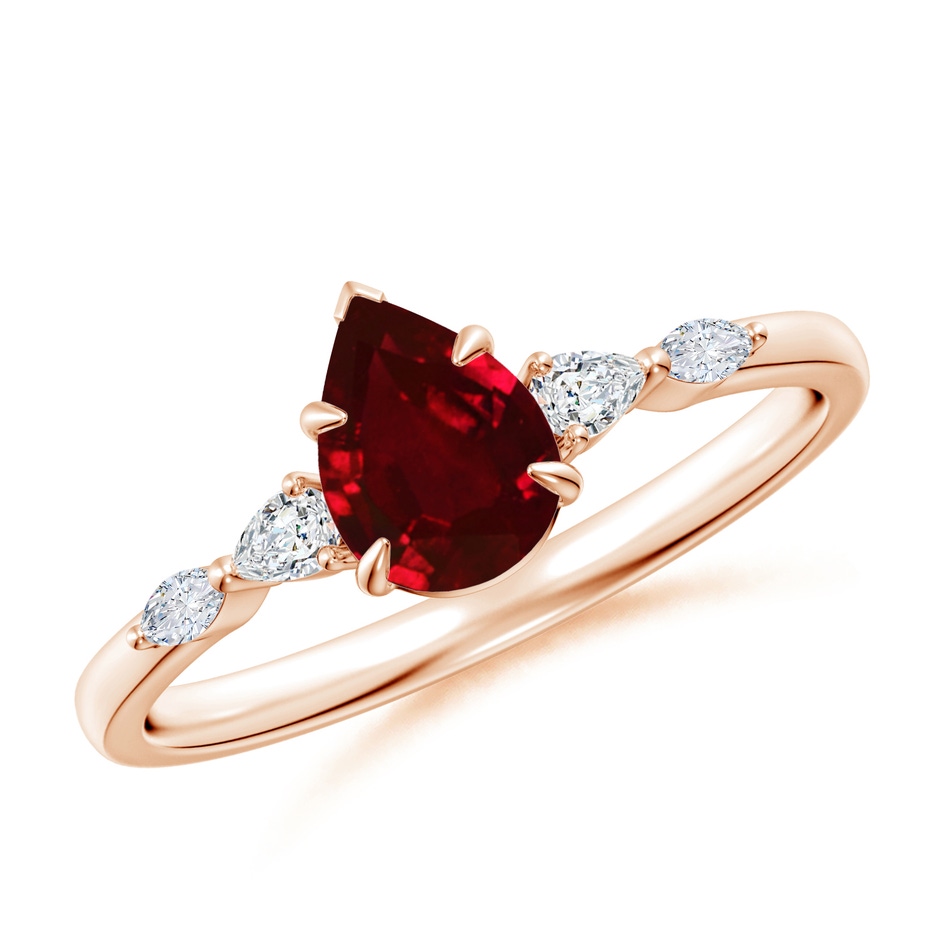 7x5mm AAAA Pear-Shaped Ruby Side Stone Engagement Ring in Rose Gold 