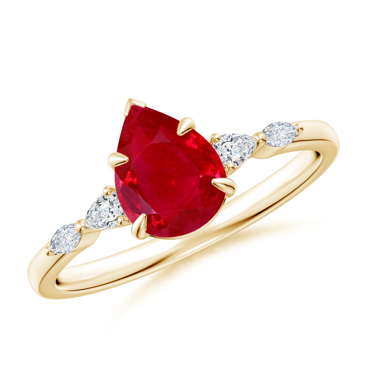 8x6mm AAA Pear-Shaped Ruby Side Stone Engagement Ring in Yellow Gold
