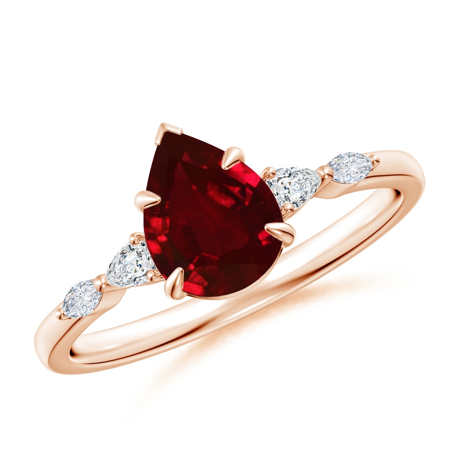 8x6mm AAAA Pear-Shaped Ruby Side Stone Engagement Ring in Rose Gold 