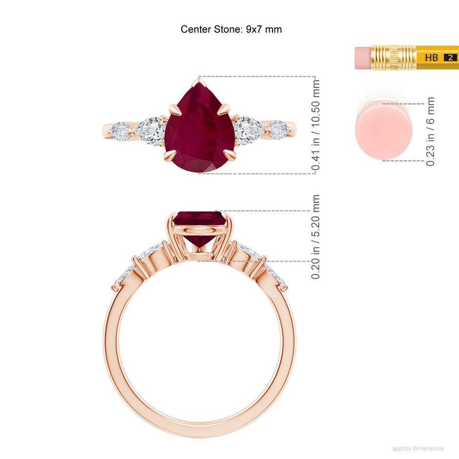 9x7mm A Pear-Shaped Ruby Side Stone Engagement Ring in Rose Gold ruler