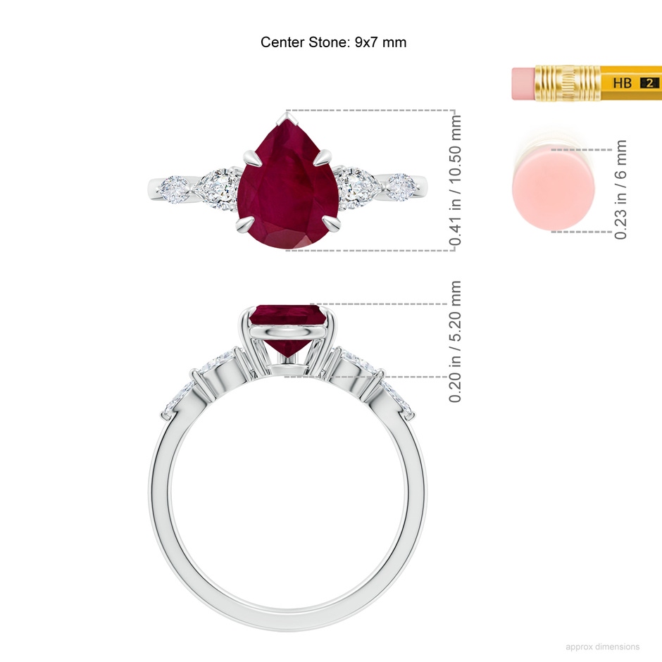 9x7mm A Pear-Shaped Ruby Side Stone Engagement Ring in White Gold ruler