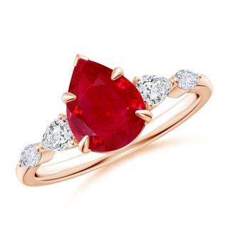 9x7mm AAA Pear-Shaped Ruby Side Stone Engagement Ring in 18K Rose Gold