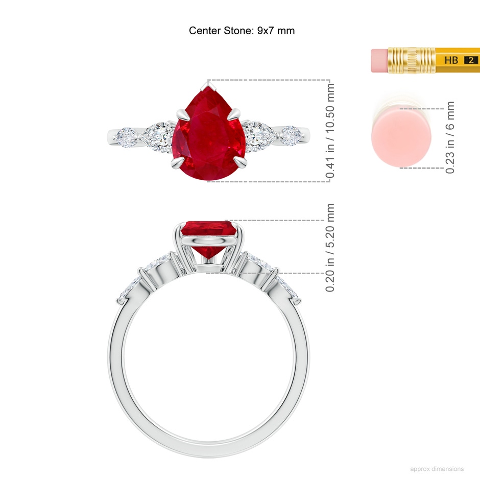 9x7mm AAA Pear-Shaped Ruby Side Stone Engagement Ring in White Gold ruler