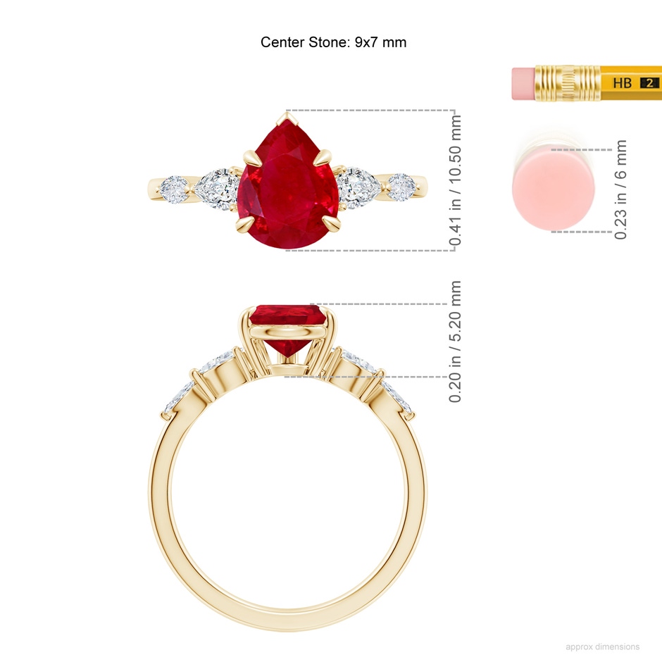 9x7mm AAA Pear-Shaped Ruby Side Stone Engagement Ring in Yellow Gold ruler