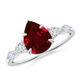 9x7mm AAAA Pear-Shaped Ruby Side Stone Engagement Ring in P950 Platinum