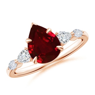 9x7mm AAAA Pear-Shaped Ruby Side Stone Engagement Ring in Rose Gold