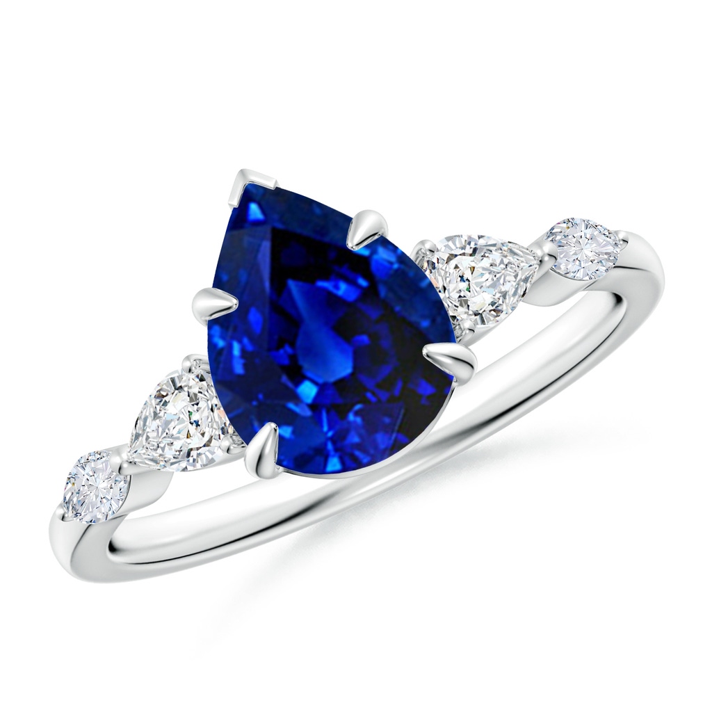 9x7mm Lab-Grown Pear-Shaped Blue Sapphire Side Stone Engagement Ring in White Gold