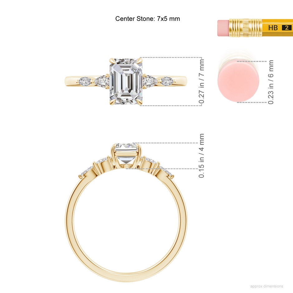 7x5mm IJI1I2 Emerald-Cut Diamond Side Stone Engagement Ring in Yellow Gold ruler
