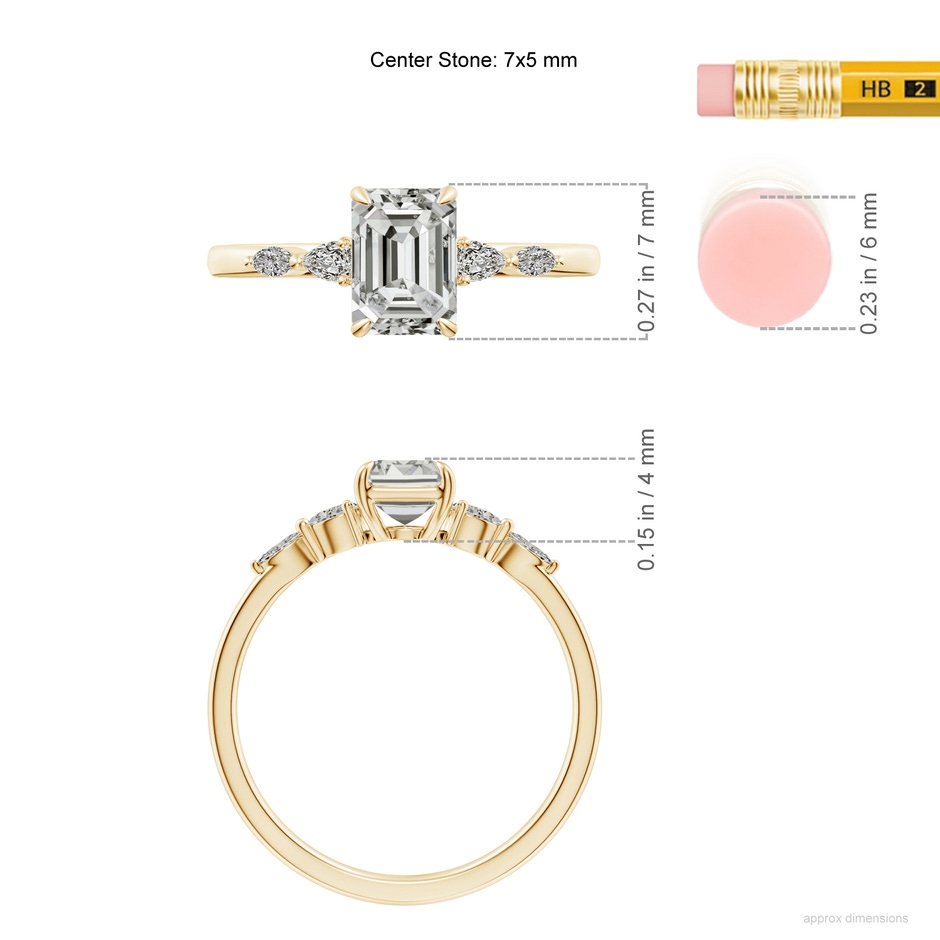 7x5mm KI3 Emerald-Cut Diamond Side Stone Engagement Ring in Yellow Gold ruler