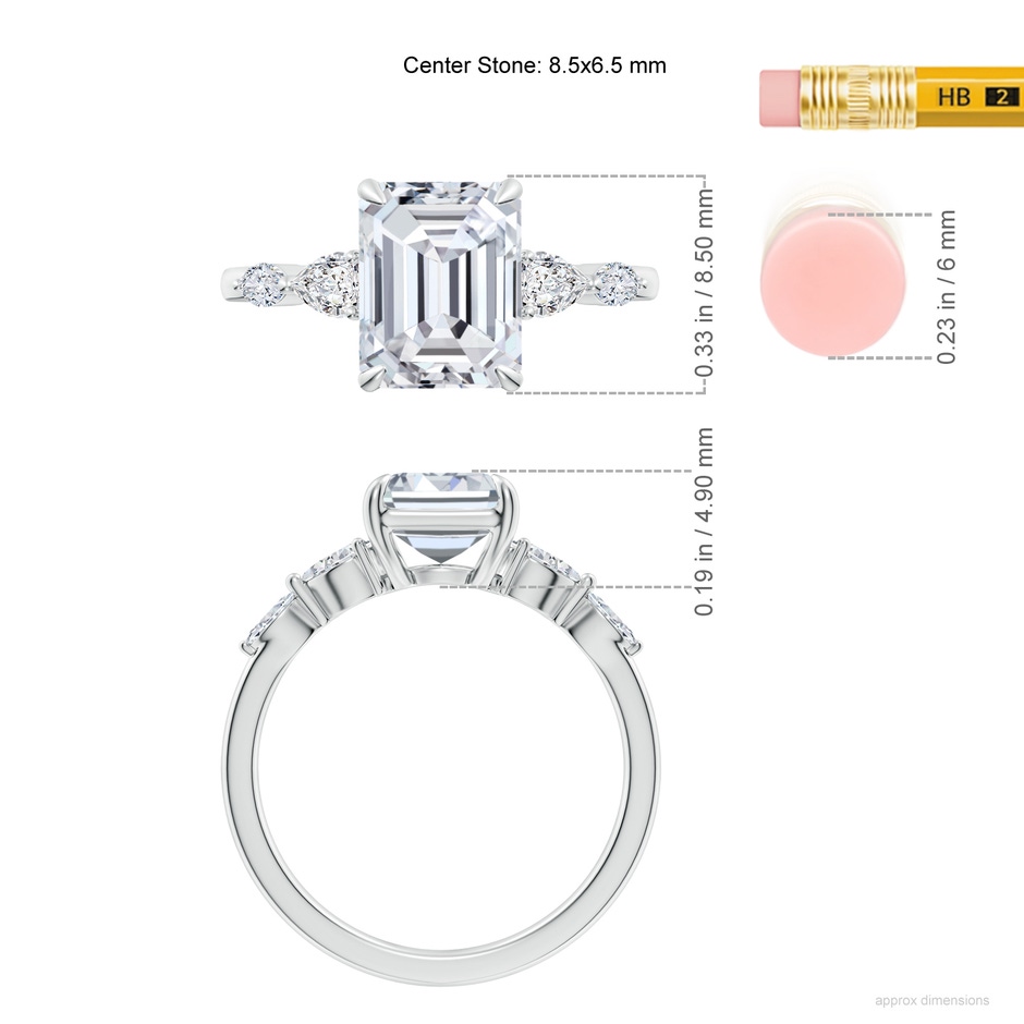 8.5x6.5mm HSI2 Emerald-Cut Diamond Side Stone Engagement Ring in White Gold ruler