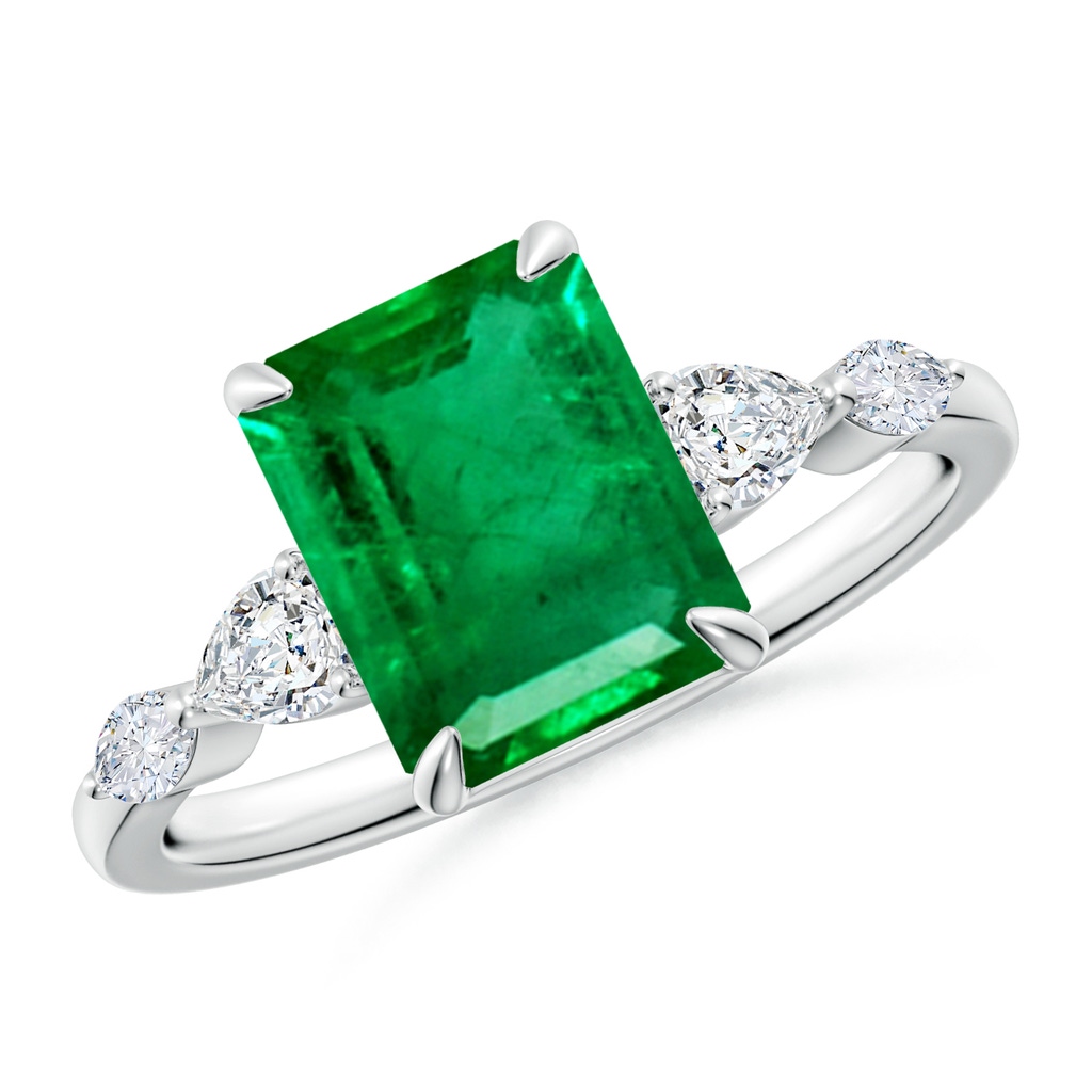 9x7mm AAA Emerald-Cut Emerald Side Stone Engagement Ring in White Gold