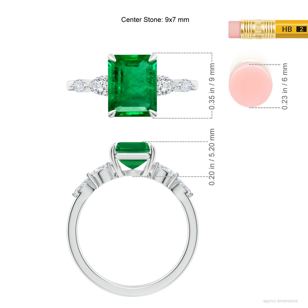 9x7mm AAA Emerald-Cut Emerald Side Stone Engagement Ring in White Gold ruler