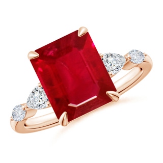 10x8mm AAA Emerald-Cut Ruby Side Stone Engagement Ring in Rose Gold