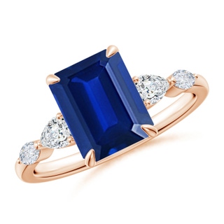 9x7mm AAAA Emerald-Cut Blue Sapphire Side Stone Engagement Ring in Rose Gold