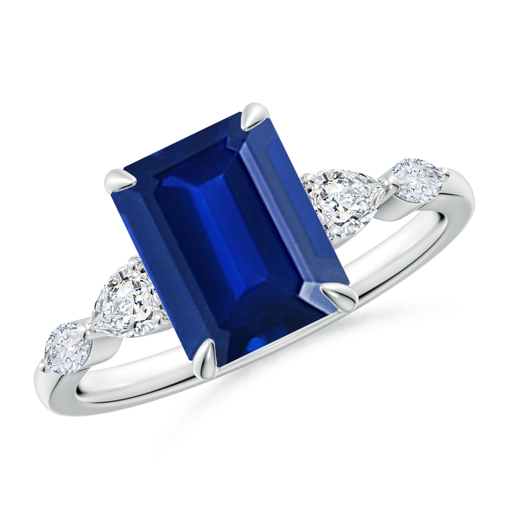 9x7mm Lab-Grown Emerald-Cut Blue Sapphire Side Stone Engagement Ring in White Gold