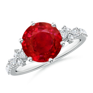 9mm AAA Round Ruby Side Stone Engagement Ring with Accents in P950 Platinum