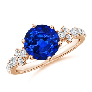 8mm AAAA Round Blue Sapphire Side Stone Engagement Ring with Accents in Rose Gold