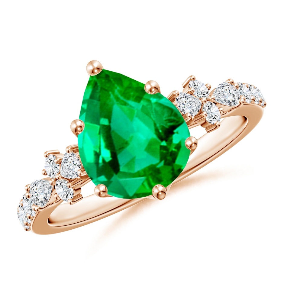 10x8mm AAA Pear-Shaped Emerald Side Stone Engagement Ring with Accents in Rose Gold 