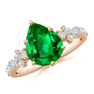10x8mm AAAA Pear-Shaped Emerald Side Stone Engagement Ring with Accents in 18K Rose Gold