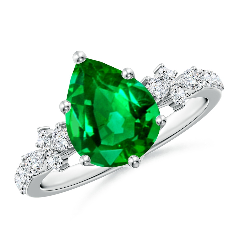 10x8mm AAAA Pear-Shaped Emerald Side Stone Engagement Ring with Accents in P950 Platinum 