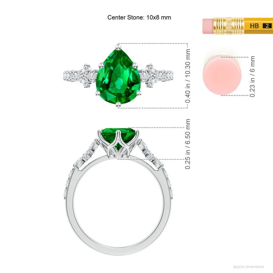 10x8mm AAAA Pear-Shaped Emerald Side Stone Engagement Ring with Accents in P950 Platinum ruler
