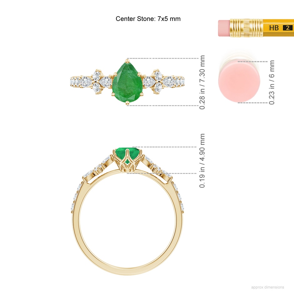 7x5mm A Pear-Shaped Emerald Side Stone Engagement Ring with Accents in Yellow Gold ruler