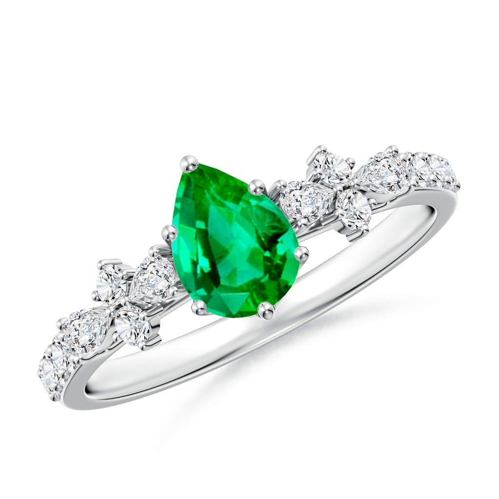 7x5mm AAA Pear-Shaped Emerald Side Stone Engagement Ring with Accents in P950 Platinum
