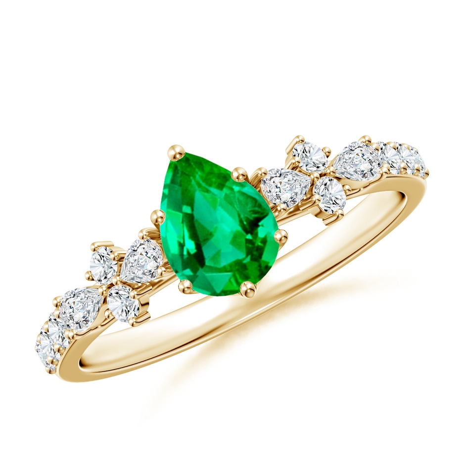 7x5mm AAA Pear-Shaped Emerald Side Stone Engagement Ring with Accents in Yellow Gold 