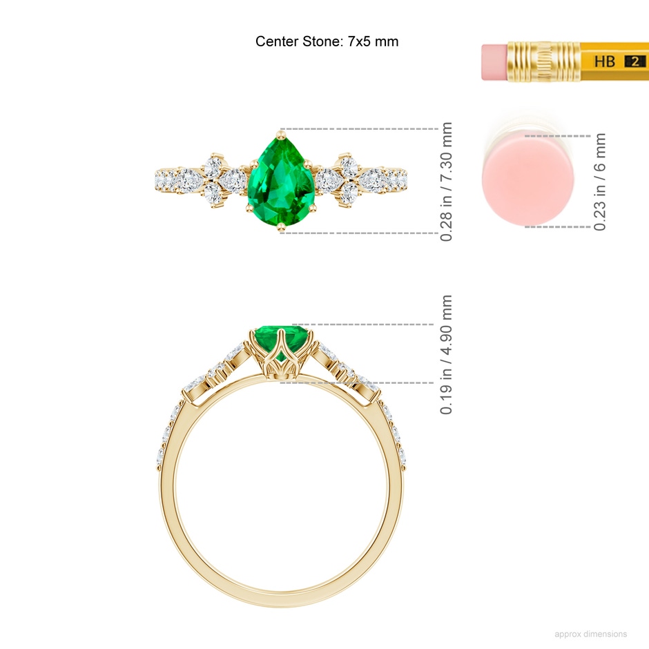 7x5mm AAA Pear-Shaped Emerald Side Stone Engagement Ring with Accents in Yellow Gold ruler
