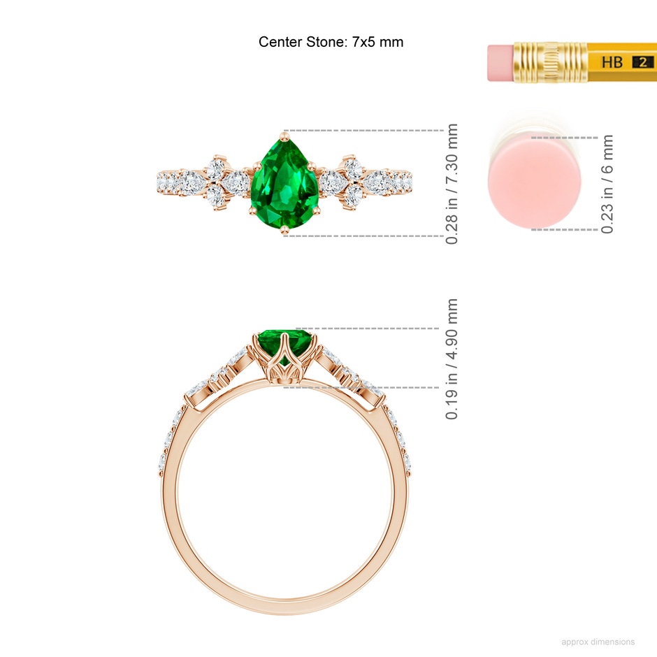 7x5mm AAAA Pear-Shaped Emerald Side Stone Engagement Ring with Accents in 18K Rose Gold ruler