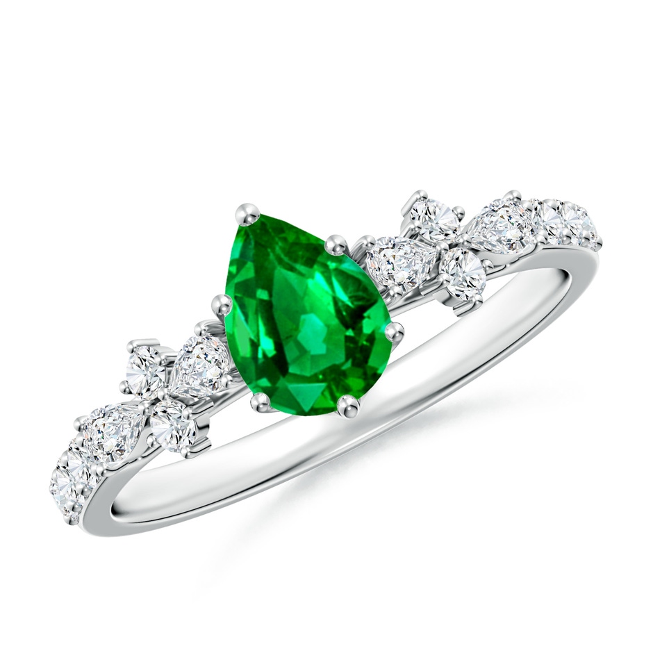 7x5mm AAAA Pear-Shaped Emerald Side Stone Engagement Ring with Accents in White Gold 