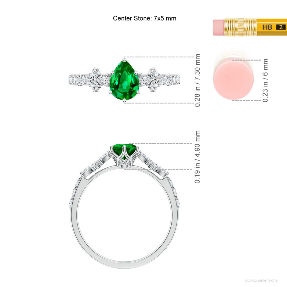 7x5mm AAAA Pear-Shaped Emerald Side Stone Engagement Ring with Accents in White Gold ruler