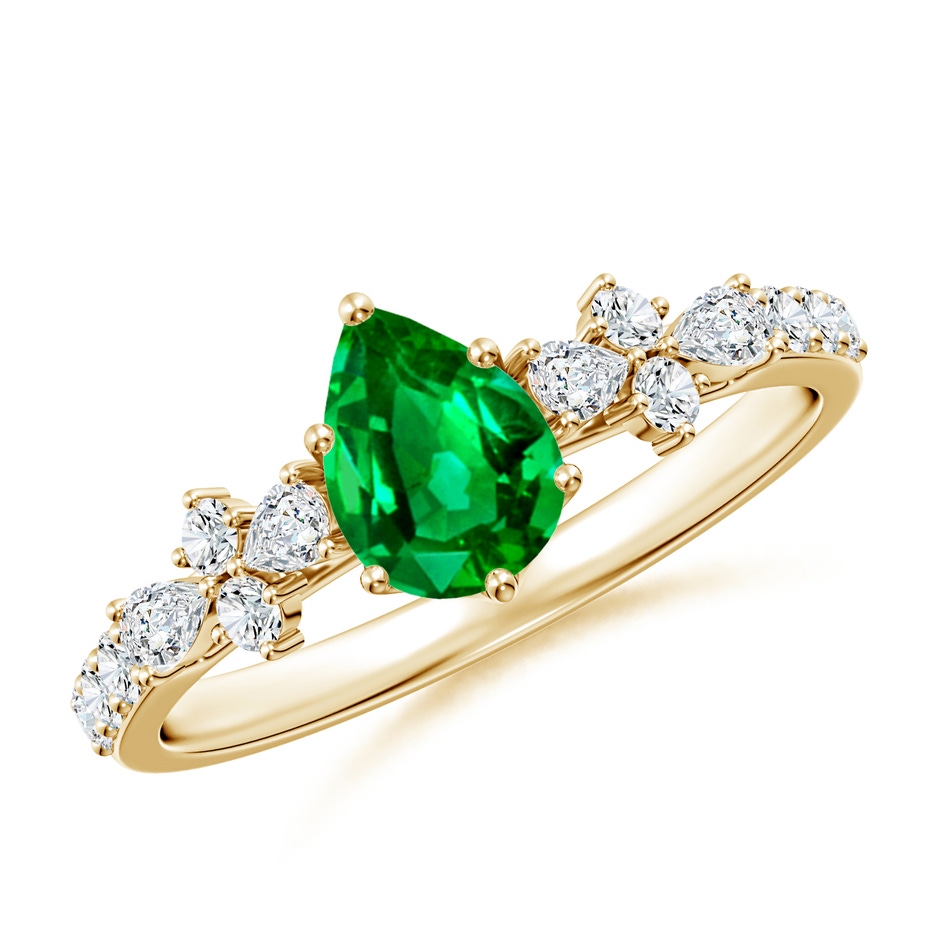 7x5mm AAAA Pear-Shaped Emerald Side Stone Engagement Ring with Accents in Yellow Gold 