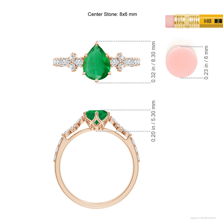 8x6mm AA Pear-Shaped Emerald Side Stone Engagement Ring with Accents in Rose Gold ruler