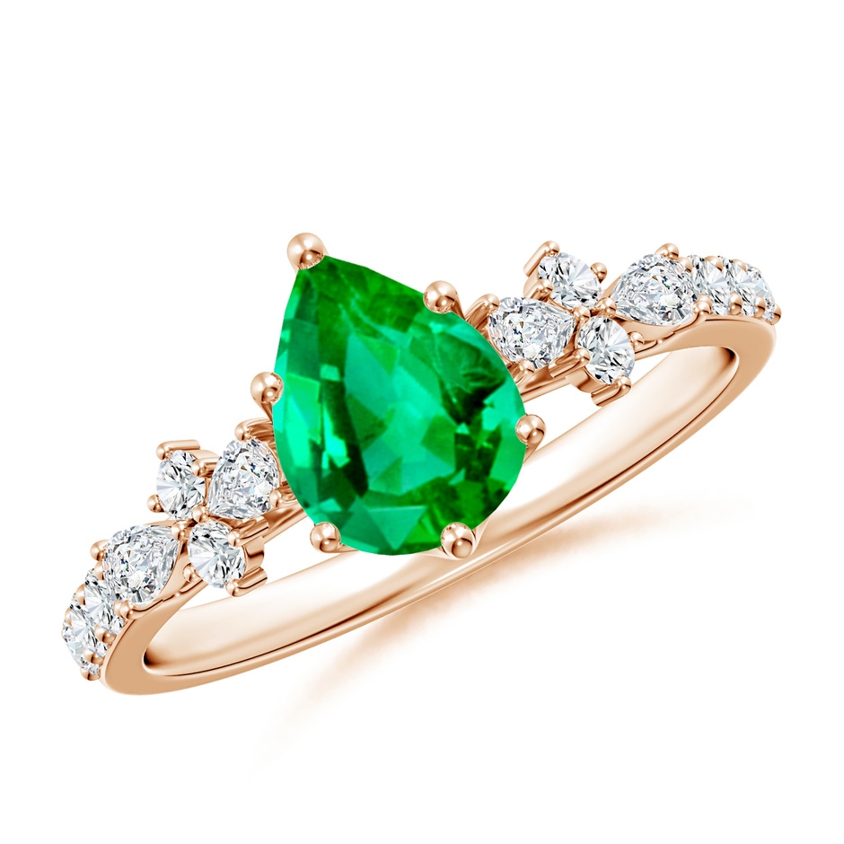8x6mm AAA Pear-Shaped Emerald Side Stone Engagement Ring with Accents in 18K Rose Gold 
