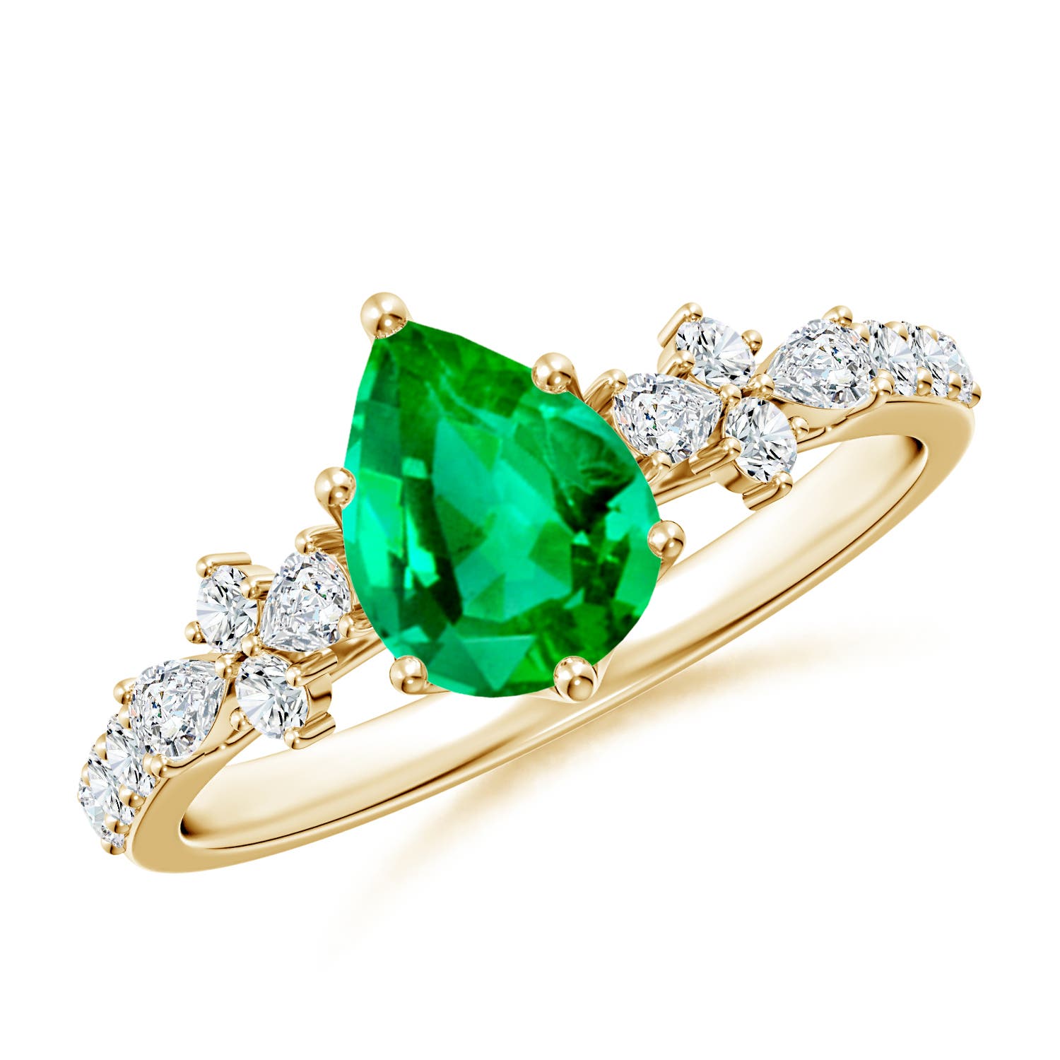 8x6mm AAA Pear-Shaped Emerald Side Stone Engagement Ring with Accents in Yellow Gold