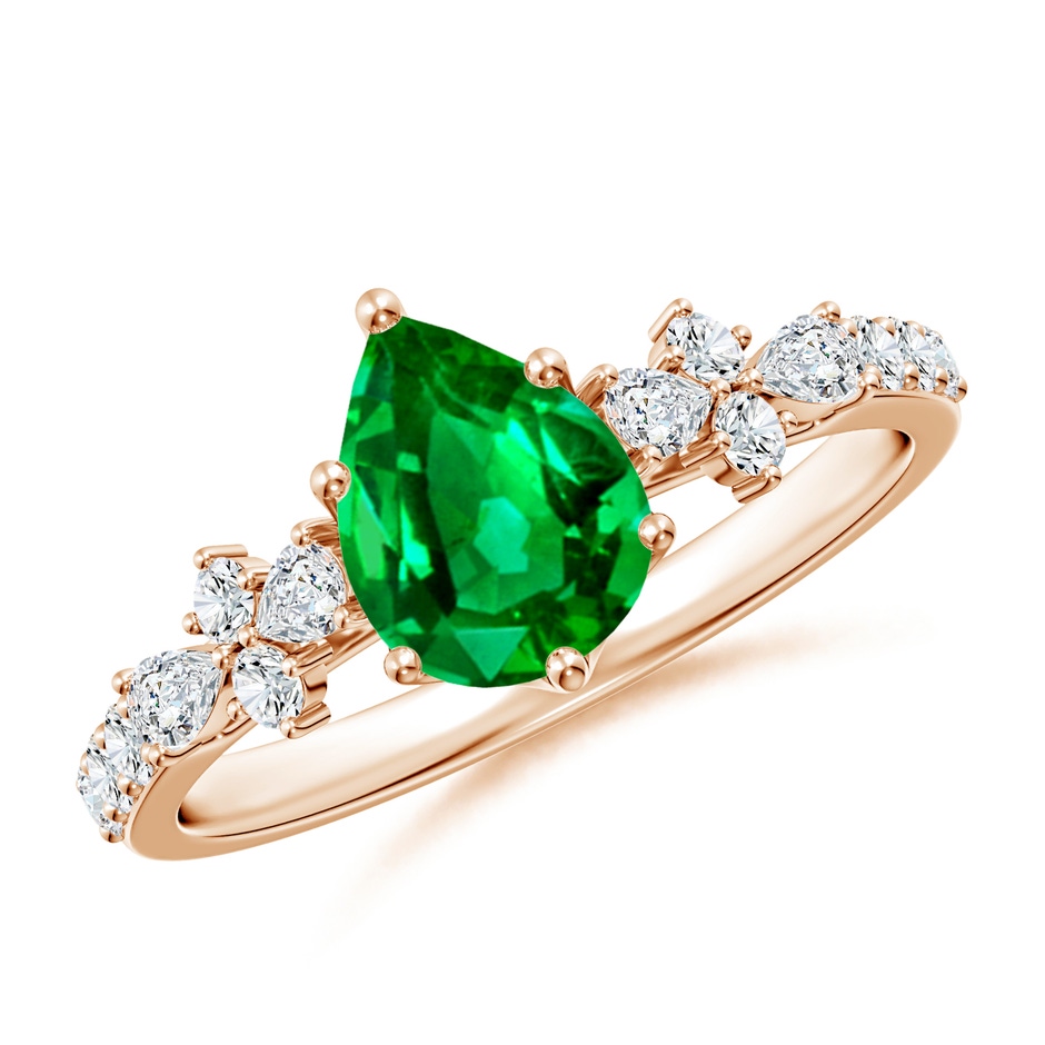 8x6mm AAAA Pear-Shaped Emerald Side Stone Engagement Ring with Accents in Rose Gold 