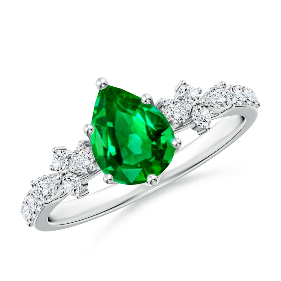 8x6mm AAAA Pear-Shaped Emerald Side Stone Engagement Ring with Accents in White Gold 