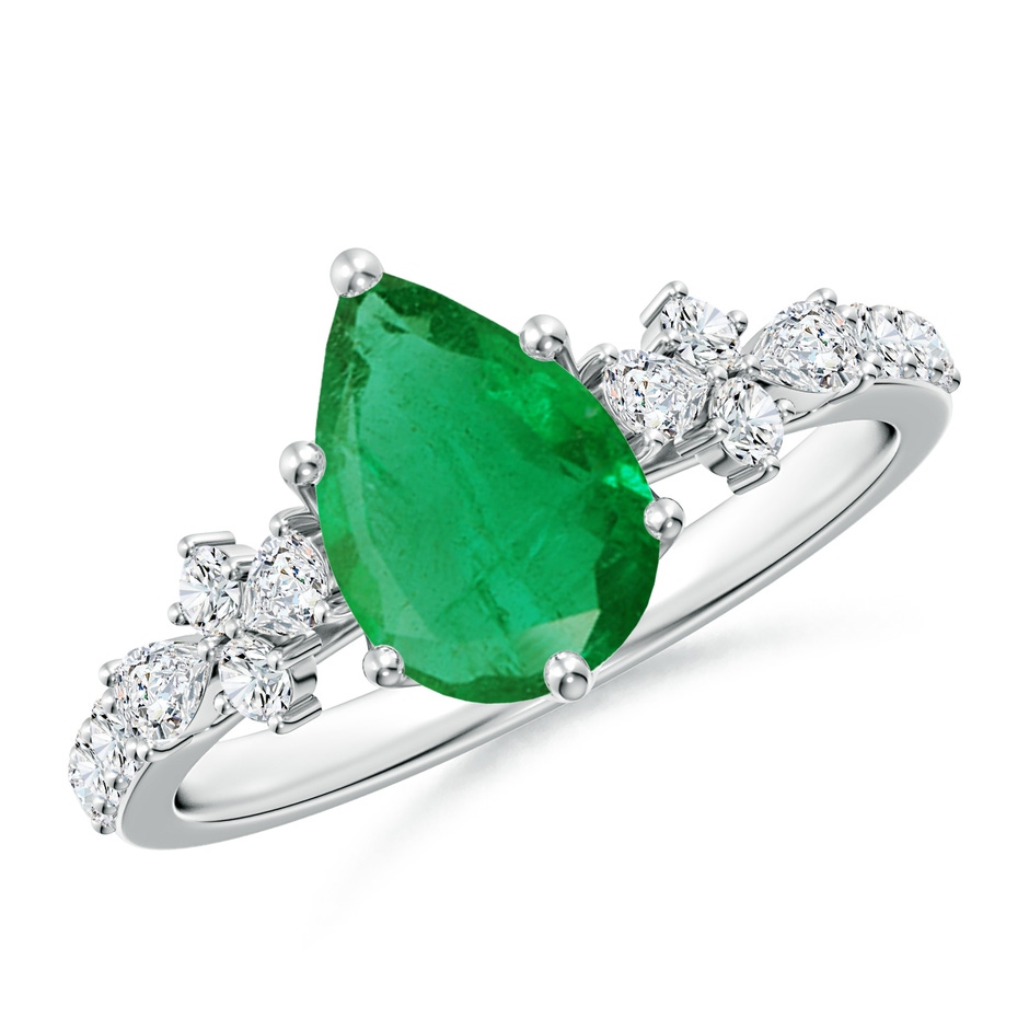 9x7mm AA Pear-Shaped Emerald Side Stone Engagement Ring with Accents in P950 Platinum 