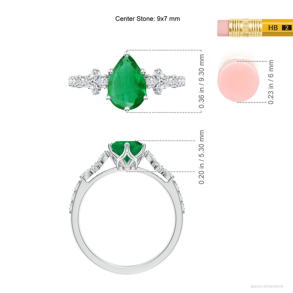 9x7mm AA Pear-Shaped Emerald Side Stone Engagement Ring with Accents in P950 Platinum ruler