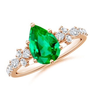 9x7mm AAA Pear-Shaped Emerald Side Stone Engagement Ring with Accents in 10K Rose Gold