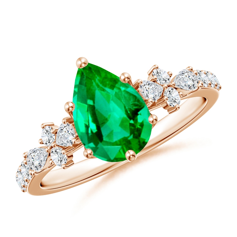 9x7mm AAA Pear-Shaped Emerald Side Stone Engagement Ring with Accents in 18K Rose Gold 