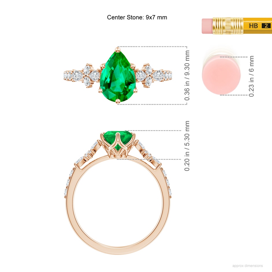9x7mm AAA Pear-Shaped Emerald Side Stone Engagement Ring with Accents in 18K Rose Gold ruler