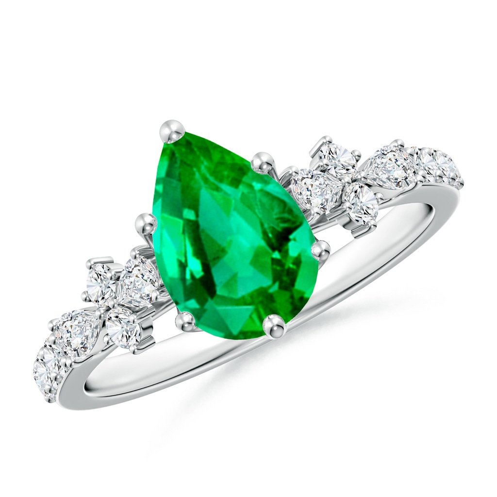9x7mm AAA Pear-Shaped Emerald Side Stone Engagement Ring with Accents in White Gold