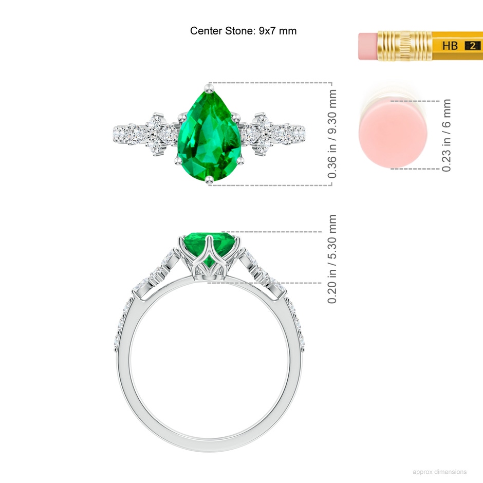 9x7mm AAA Pear-Shaped Emerald Side Stone Engagement Ring with Accents in White Gold ruler