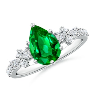 9x7mm AAAA Pear-Shaped Emerald Side Stone Engagement Ring with Accents in P950 Platinum