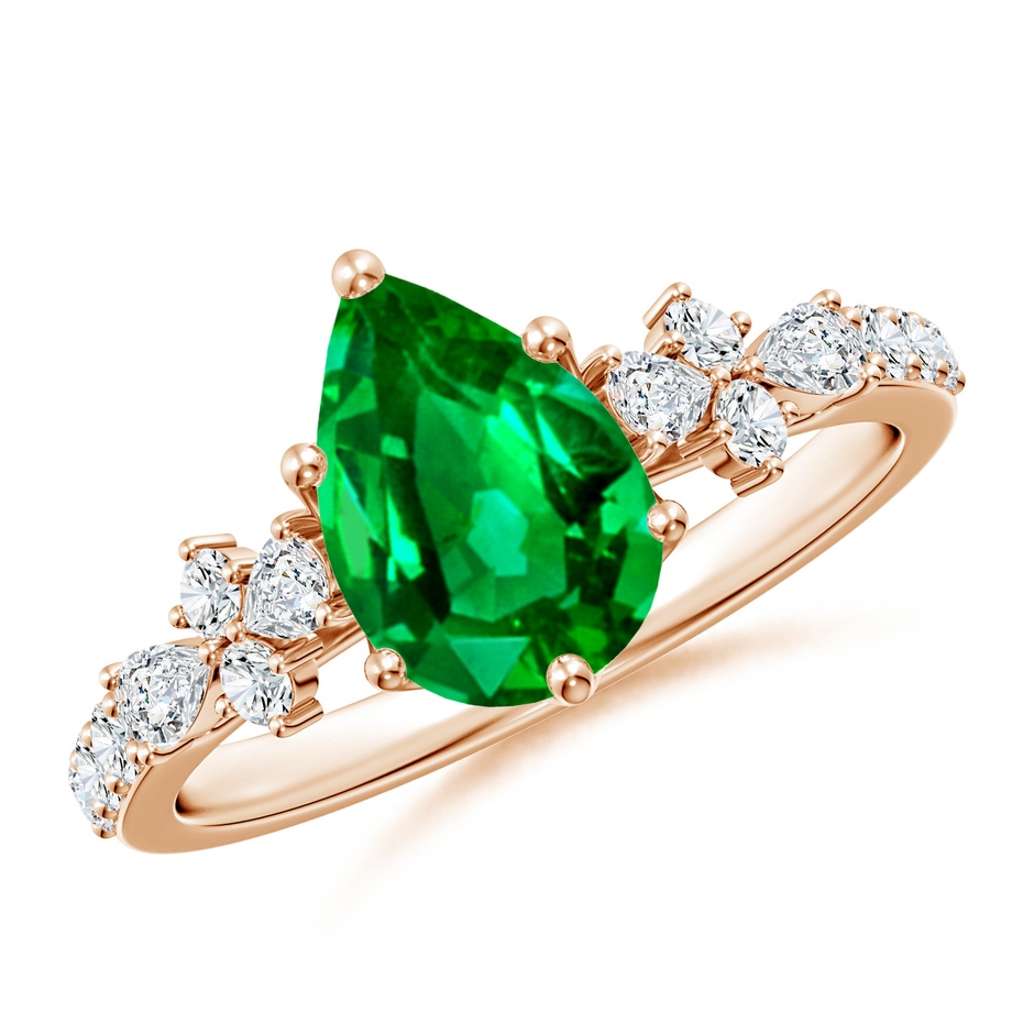 9x7mm AAAA Pear-Shaped Emerald Side Stone Engagement Ring with Accents in Rose Gold 