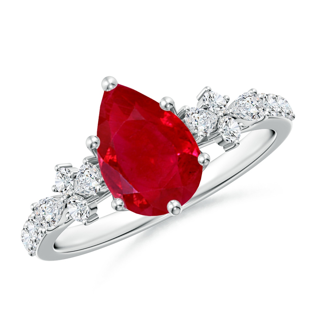 9x7mm AAA Pear-Shaped Ruby Side Stone Engagement Ring with Accents in White Gold