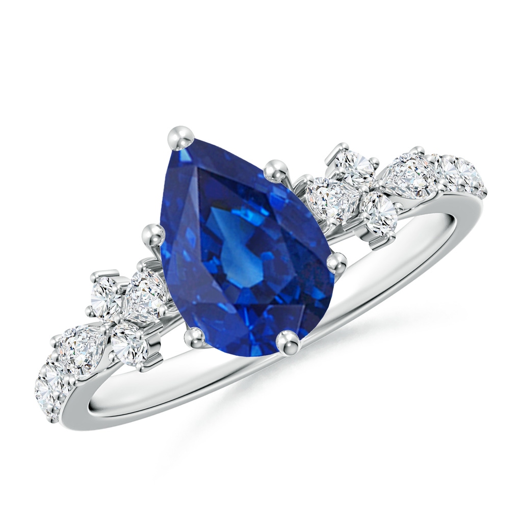 9x7mm AAA Pear-Shaped Blue Sapphire Side Stone Engagement Ring with Accents in White Gold
